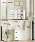 Living room and entryway with No Fuss Freestanding Storage Cabinet With Drawers And Door in cloud white, shown in different settings.