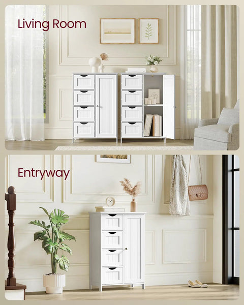 Living room and entryway with No Fuss Freestanding Storage Cabinet With Drawers And Door in cloud white, shown in different settings.
