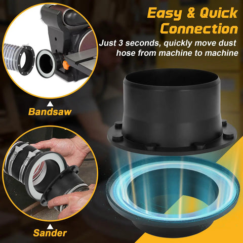 Heavy Duty 4 Inch Magnetic Dust Collection Fittings For Shop Vac Hose Quick Snap Connectors with magnets for easy hose attachment.