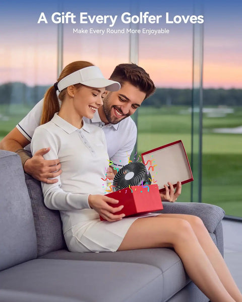Magnetic Golf Cart Fan With 10000mAh Battery, Rechargeable, 3 Speeds, gift box, couple smiling, relaxing indoors.
