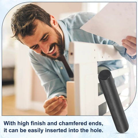 Person assembling furniture using Set Of 10 Dowel Pins 6mm x 12mm 304 Stainless Steel Black Oxidized Durable Cylindrical Shelf Support Pegs Chamfered Ends For Precise Positioning In Furniture Installations And DIY Projects Tool Fixtures And Fastening.