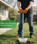 Person using Serrated Edger Lawn Tool With Half Moon Shovel And T Handle 38 Inch Rust Proof Ergonomic Edging Tool for garden work.