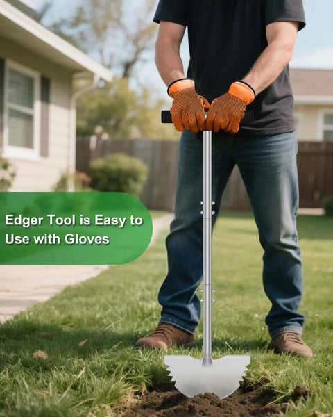 Person using Serrated Edger Lawn Tool With Half Moon Shovel And T Handle 38 Inch Rust Proof Ergonomic Edging Tool for garden work.