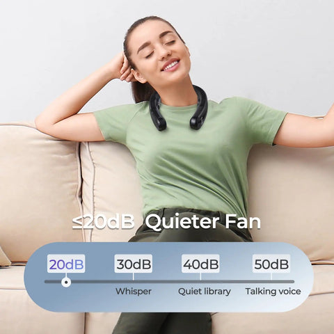 Woman relaxing with Portable Neck Air Conditioner Fan 2026 Upgrade With Three Cooling Plates Long Battery Life Bladeless Personal Cooling
