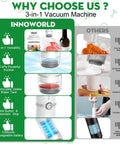 Comparison image highlighting the features of a 3-In-1 Vacuum Sealer for Food Compatible With Vacuum Bags Mason Jars and Wine Bottles Handheld Saver Kit.
