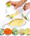 GProMe white mandoline slicer with green accents, adjustable veggie slicer for julienne and waffle cuts.