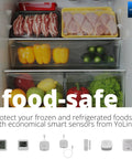 Fridge with meat, vegetables, and Weatherproof Temperature Sensor with probe for fluid air and surface monitoring in use