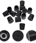Slip On Chair Leg Protectors 20 Pack for Hardwood Floors, black elastic iron and PVC pads detail view, durable furniture feet