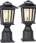 Metal Solar Post Lights 2 Pack Solar Post Cap Lights for Fence Deck Garden Yard Patio Porch Outdoor Decor No Fuss Warm White Bright LED Filament Bulbs Cast Aluminum and Glass Shade
