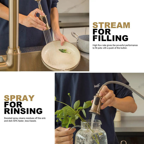 Person using Sharp Looking Champagne Gold Kitchen Faucet With Pull Down Sprayer And Single Handle Mixer for rinsing a dish.