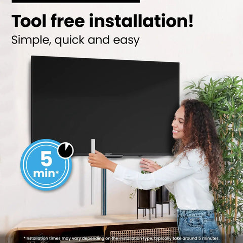 Person installing TV Cord Hider Kit 34 Inch White Peel And Stick Cable Concealer For Wall Mounted TVs And Desks 2 Pack