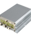 Close-up of Beefy 60A 720W DC 12V Voltage Reducer for Golf Carts and Trucks, rugged metal casing, input-output terminals visible.