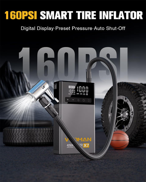 X7 Jump Starter With Air Compressor And Auto Shutoff Tire Inflator, 4250A Peak, 160 PSI, digital display in use