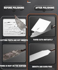 Comparison image showing a knife before and after polishing using Tough As Nails 8 Inch Dual Wheel Bench Grinder 550W Brushless Motor 2950 RPM.