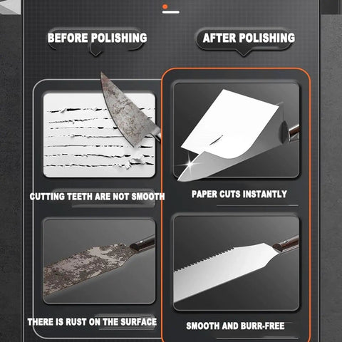 Before and after images showing knife polishing results using Built Tough Five Inch Bench Grinder Offering Variable Speed Control And Dual Grinding Wheels For Serious Metal Tool Maintenance Featuring Adjustable Eye Shield Making Shop Tasks A Total Breeze.