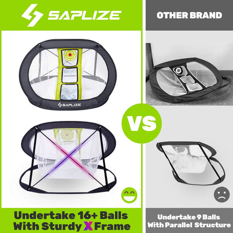 Comparison of Saplize vs. Other Brand Golf Chipping Nets, featuring foldable pop up frame and multi-target net design.