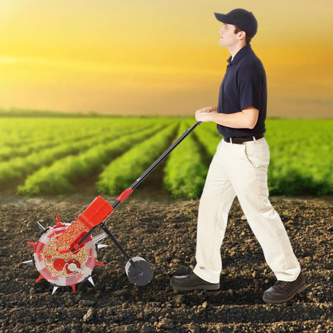 Man using Walk Behind Seed Planter With Six Nozzles Manual Row Crop Seeder Upgrade Version in a field