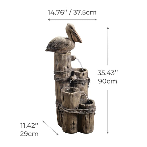 Chill Four Tier Pelican And Driftwood Outdoor Cascading Water Fountain for porch, backyard, lawn; resin, weatherproof, 35.43in high