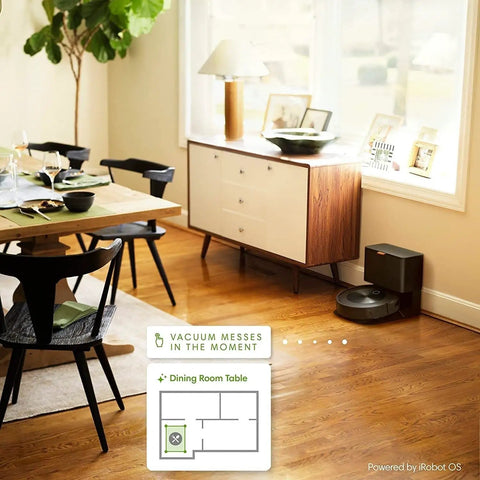 Smart Self Emptying Robotic Vacuum With Imprint Smart Mapping And Multi Level Cleaning Stores Multiple Maps For Each Floor Room Scheduling No Fuss Pet Safe Guard Renewed Premium Quality J7 Plus 7550 Series in dining room corner