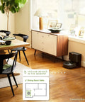 J7 Plus Self Emptying Vacuum Cleaning Robot Renewed Black in a living room next to a cabinet with smart navigation map displayed.
