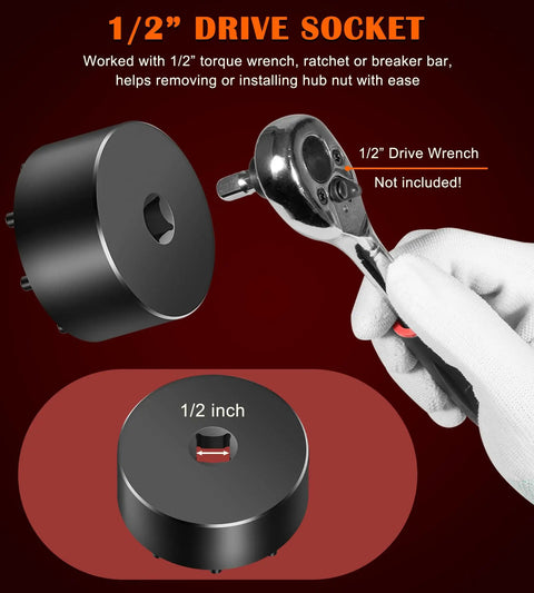 31510 Axle Nut Socket, 1/2 inch drive, black, displayed with wrench for GM Silverado Sierra 2500 3500 dual rear wheel hubs