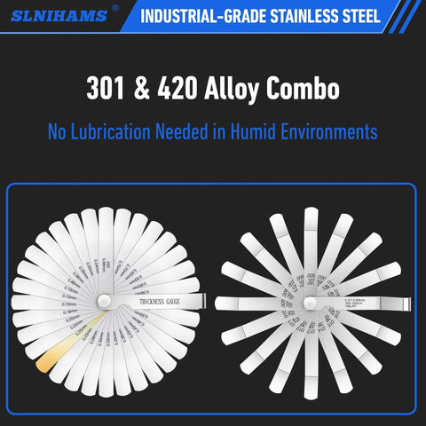 SLNIHAMS stainless steel feeler gauge set with 32 blades and 16 offset blades, front view.