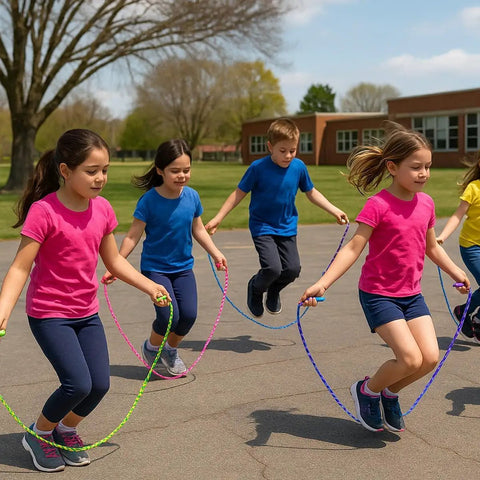 Kids playing with Adjustable Colorful Jump Rope 3 Pack For Kids And Teens Outdoor Indoor Fun Skipping Rope for Exercise.