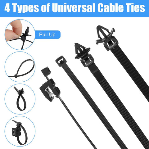 Dope Car Wire Clip Kit Pack Of 200 Universal Harness Clips And Cable Ties showing 4 types of black nylon cable ties
