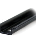 Close-up view of a black steel rail from the 2U DIN Rail Kit For Standard 19 Inch Rack Adjustable Depth Rackmount With Top Hat Mini And G Rails Heavy Duty 27.5 Lb Weight Capacity No Fuss Install For Server Cabinets And Enclosures