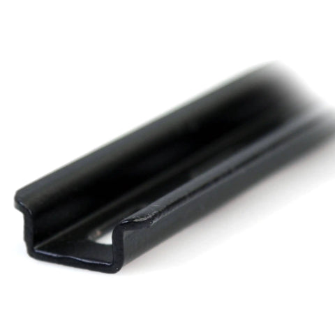 Close-up view of a black steel rail from the 2U DIN Rail Kit For Standard 19 Inch Rack Adjustable Depth Rackmount With Top Hat Mini And G Rails Heavy Duty 27.5 Lb Weight Capacity No Fuss Install For Server Cabinets And Enclosures