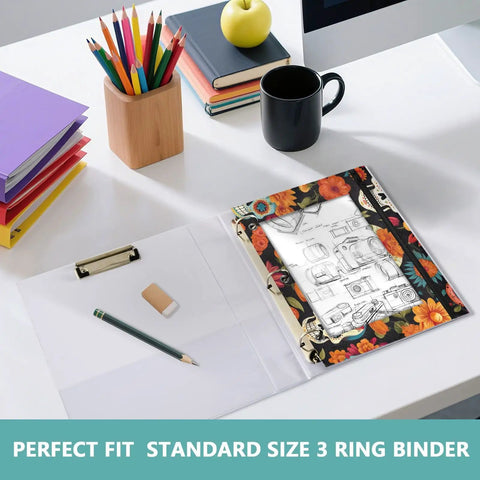 Zippered Gothic Skull Design Coupon Organizer for 3 Ring Binders on desk with pencils and coffee mug