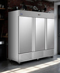 No Sweat Heavy Duty Commercial Reach In Upright Freezer 72 Cubic Feet Stainless Steel Kitchen Workhorse in modern kitchen.