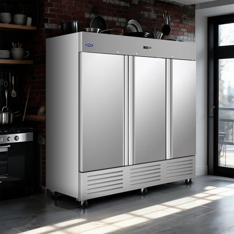 No Sweat Heavy Duty Commercial Reach In Upright Freezer 72 Cubic Feet Stainless Steel Kitchen Workhorse in modern kitchen.
