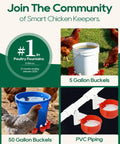 68 Piece Sleek Chicken Waterer Cups Delivering No Sweat Automatic Leak Proof Poultry Watering Station With Tee Fittings And Hole Opener For Rock Solid Hydration In Vibrant Red in use with 5 and 50 gallon buckets in a chicken coop.