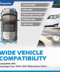 Wide compatibility of 10 Pack T10 12V 5W Wedge Bulbs for cars' parking, side, brake lights, showcasing bulb placement