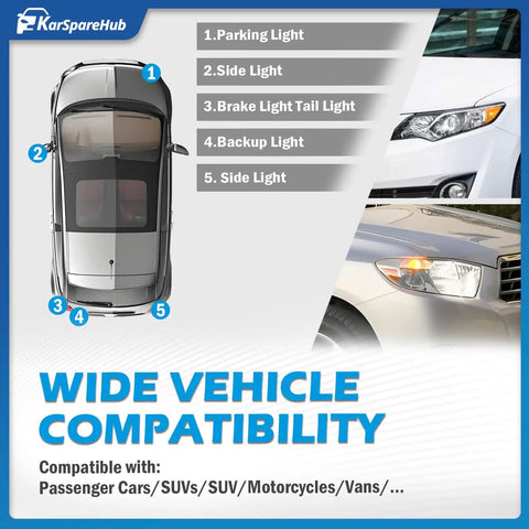 Wide compatibility of 10 Pack T10 12V 5W Wedge Bulbs for cars' parking, side, brake lights, showcasing bulb placement
