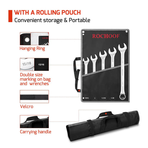 5 Piece SAE Combination Wrench Set With 12 Point Chrome Vanadium Wrenches From 1 Inch To 1 And One Quarter Inch In Rolling Pouch