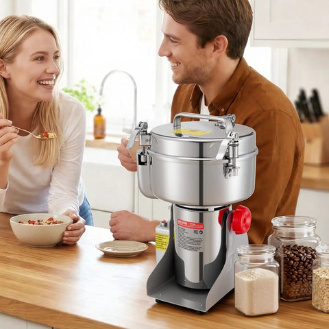 VEVOR 3400W Electric Grain Mill Grinder For Coffee Beans Spice Corn High Speed 32000RPM Stainless Steel Pulverizer Machine on kitchen counter with smiling couple.