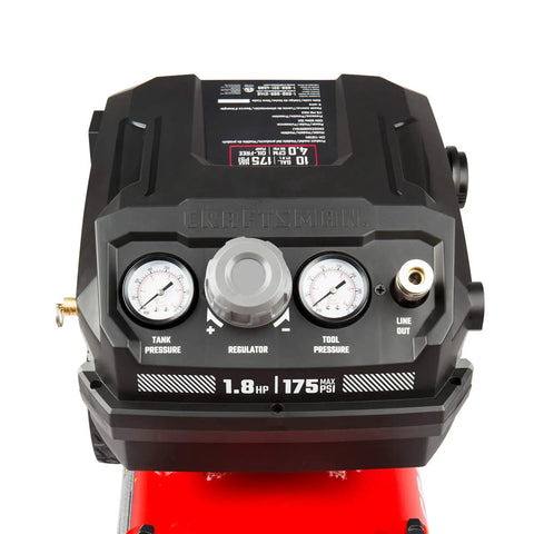 Close-up of controls on Badass 10 Gallon Oil Free Air Compressor Ultra Quiet 175 PSI Max with gauges and regulator.