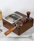 Premium Wooden Espresso Tamper Holder With Slick Drip Catch Tray And Knock Box Replacement Rock Solid Anti Slip Countertop Organizer Keeps Your Brew Setup Tight Perfect Home Barista Game Changer Design Holds Three Tools Smooth displayed from the side, featuring a wood tamper and stainless steel drip tray.