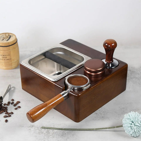 Premium Wooden Espresso Tamper Holder With Slick Drip Catch Tray And Knock Box Replacement Rock Solid Anti Slip Countertop Organizer Keeps Your Brew Setup Tight Perfect Home Barista Game Changer Design Holds Three Tools Smooth displayed from the side, featuring a wood tamper and stainless steel drip tray.
