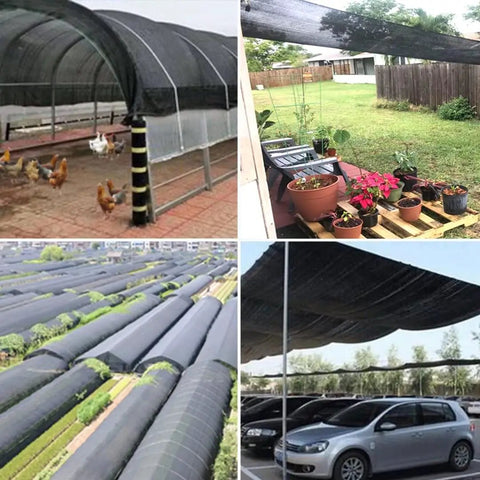 Heavy Duty Shade Cloth 70 To 90 Percent Sunblock Net For Garden Patio Greenhouse Outdoor Pergola Lawn Poolside Shade Sails For Plants Kennel Chicken Coop And Easy Hang Shade Net Cover installed in various outdoor settings, including garden, kennel, and carport.
