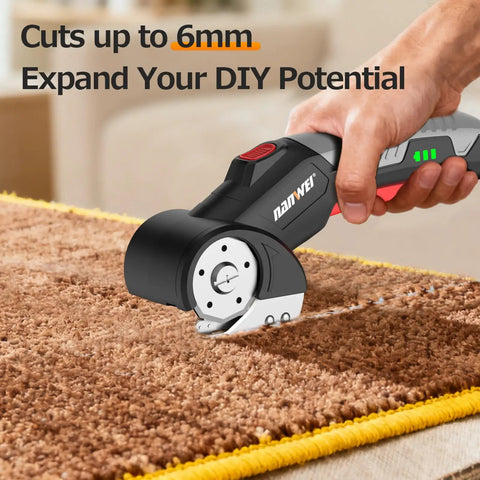 Smooth Cutting Cordless Electric Scissors With Type C Fast Charging cutting through carpet up to 6mm thick material.