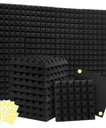 24 Pack 2x12x12 Pyramid Foam Acoustic Panels With Reusable Adhesive Squares Sound Proof Wall Tiles stacked for sound absorption.