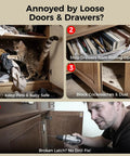 Image showing a cat in a cabinet, sliding drawers, closed cabinet doors, and a person installing Ultra Thin Magnetic Cabinet Door Catch Kit 10 Pack No Drilling Strong Adhesive Drawer Magnets So Doors Stay Closed Stainless Steel Cabinet Latch Keeps Doors Closed From Pets And Kids.