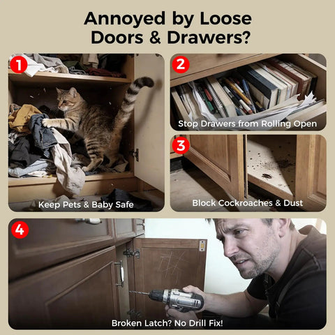 Image showing a cat in a cabinet, sliding drawers, closed cabinet doors, and a person installing Ultra Thin Magnetic Cabinet Door Catch Kit 10 Pack No Drilling Strong Adhesive Drawer Magnets So Doors Stay Closed Stainless Steel Cabinet Latch Keeps Doors Closed From Pets And Kids.