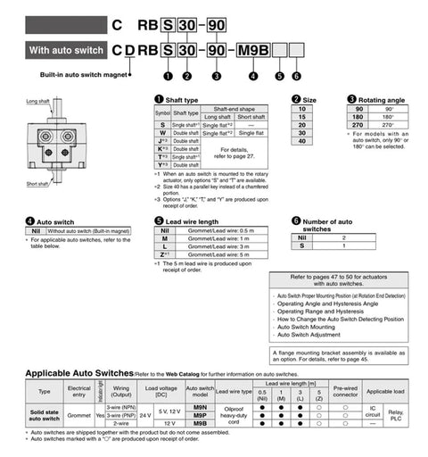 Diagram of Rotary Actuator Vane Type CDRBS Series Models CDRBS30 with specifications for industrial use.