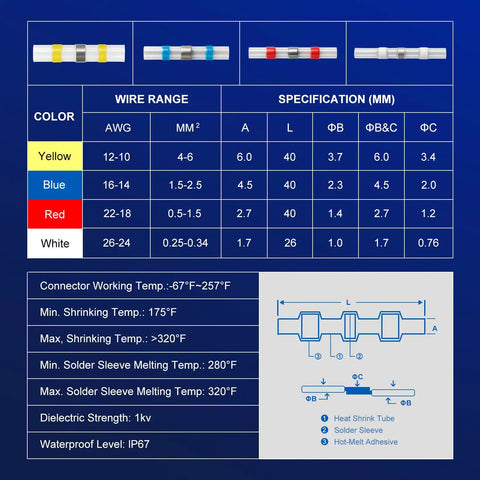 Waterproof Solder Seal Wire Connectors chart showcasing specifications, sizes, and color codes for auto and marine use.