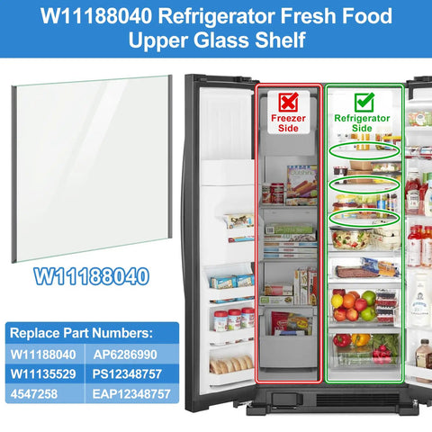Upgraded Refrigerator Glass Shelf Replacement For WRS312 WRS315 WRS321 WRS325 Series Tempered Glass Upper Fresh Food Shelf 16-3/8 Inches X 17-3/8 Inches W11188040 W11135529 AP6286990 Fits Upper Shelf Only