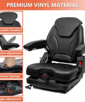 TICSEA tractor suspension seat in black vinyl with adjustable headrest, armrests, and weight-adjustment dial